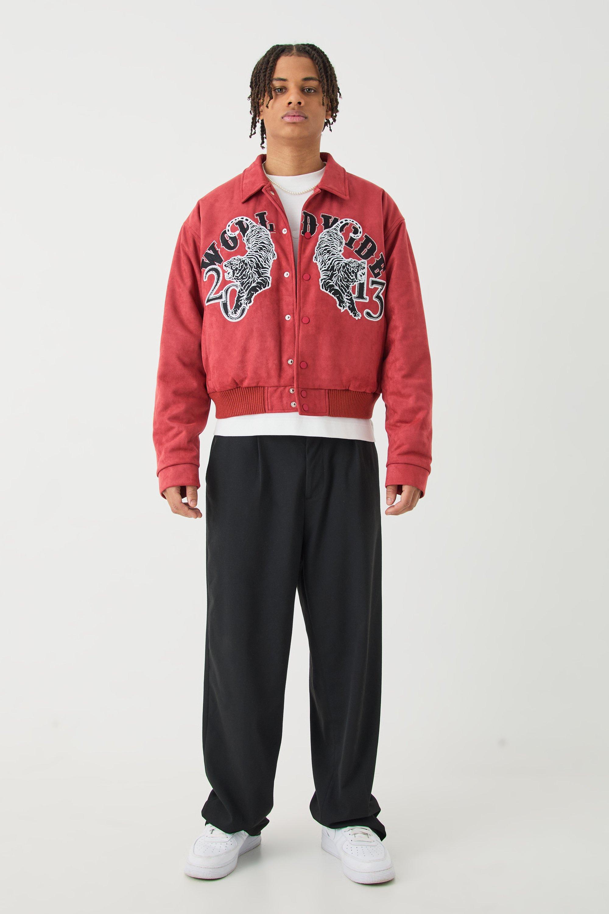 Boxy Faux Suede Embroidered Varsity Jacket | boohoo USA Boxy Faux Suede Embroidered Varsity Jacket | boohoo USA