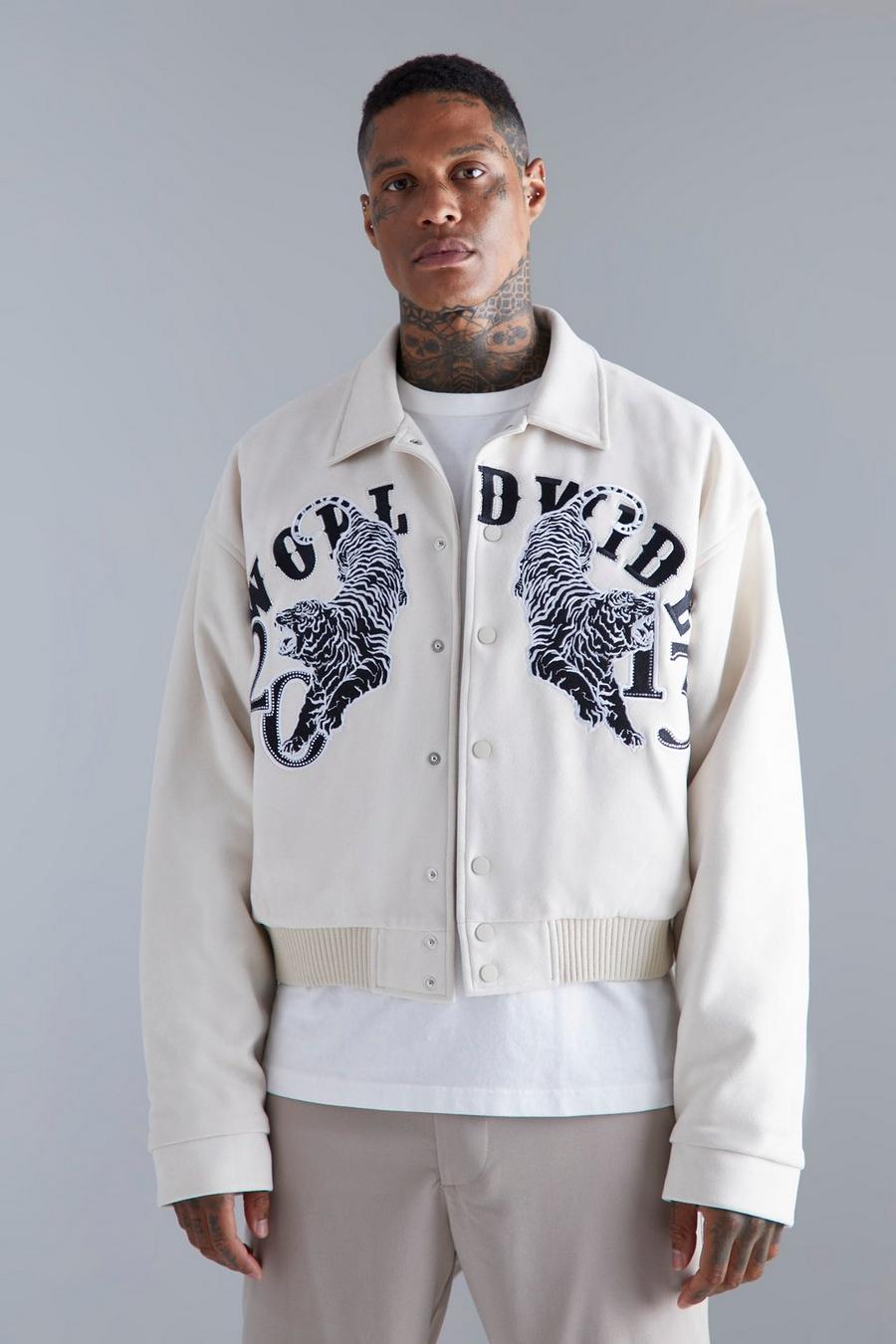 Ecru white Boxy Suede Embroidered Varsity Jacket