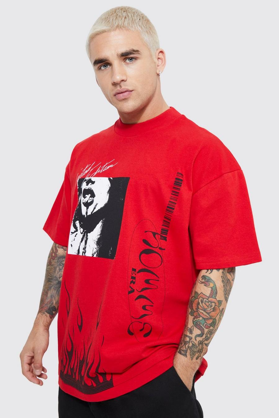 Red Oversized Graffiti Homme Flames T-shirt