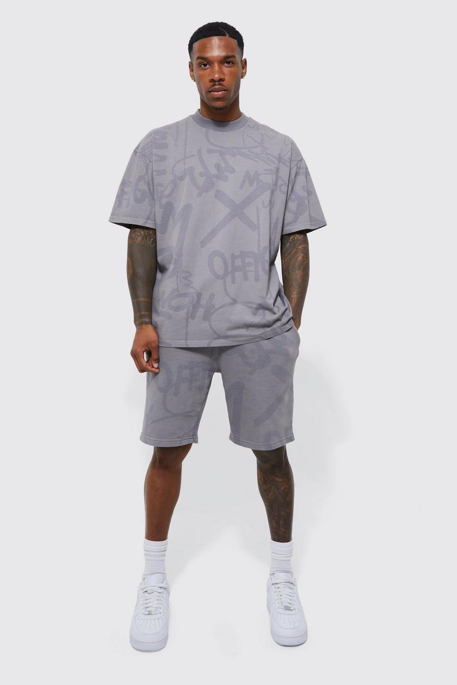 Oversize T-Shirt und Shorts mit Graffiti-Print, Black image number 1
