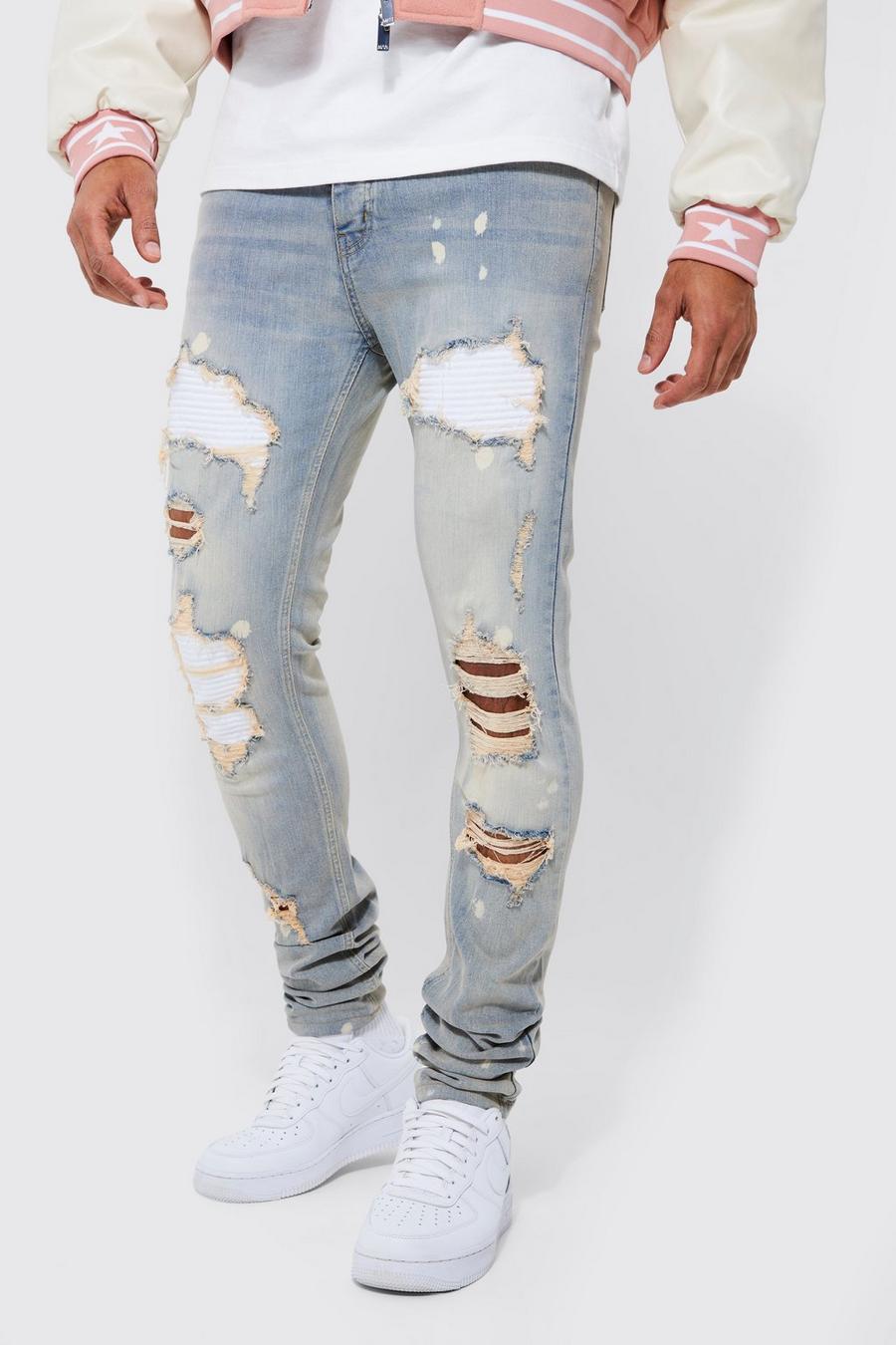 Ice blue Skinny Stretch Stacked Biker Rip And Repair Jeans