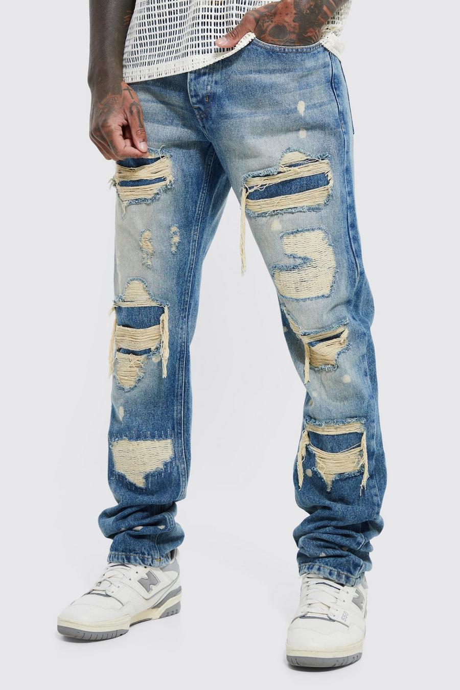 Light blue Straight Rigid Stacked Rip And Repair Jeans image number 1