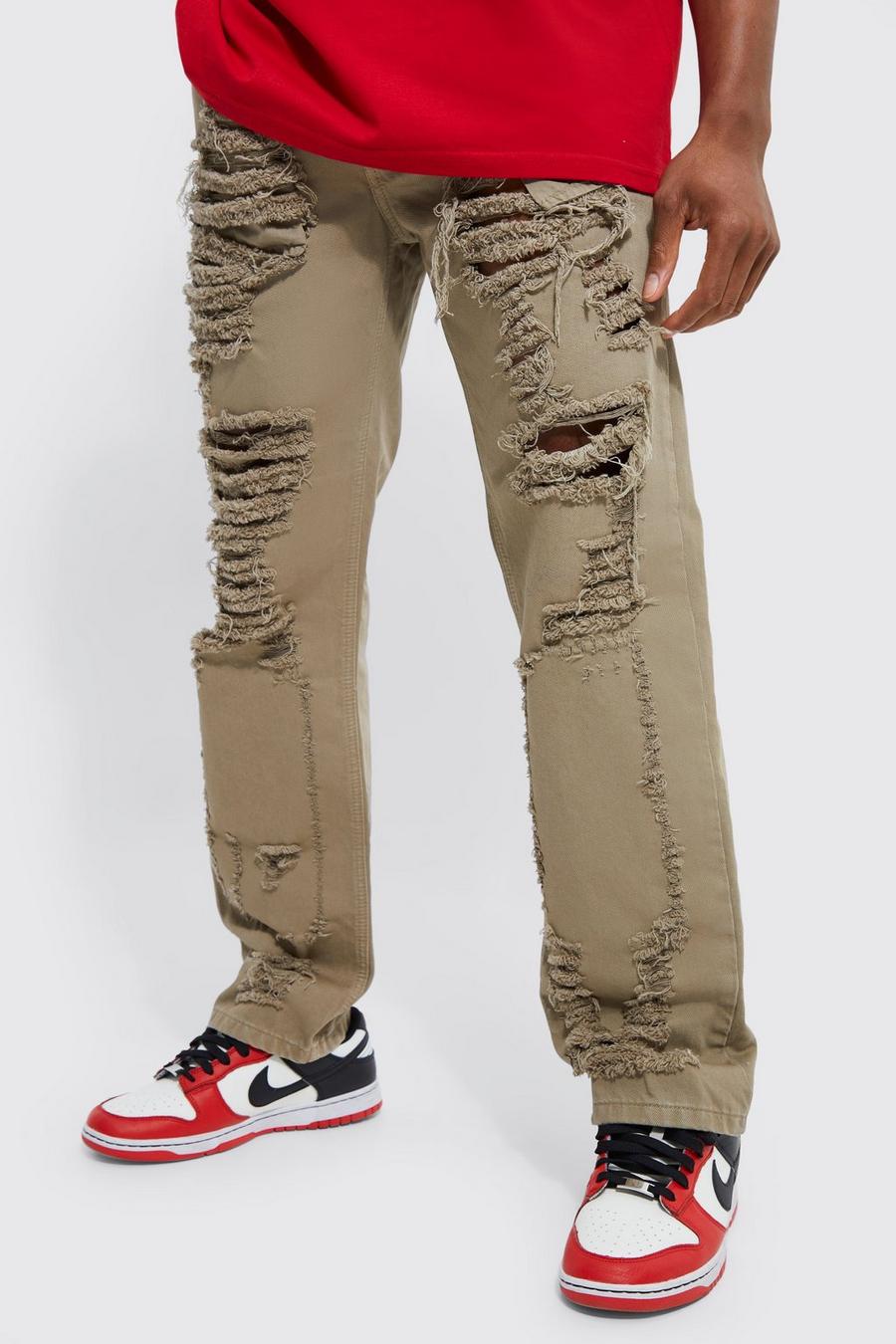 Sand beige Onbewerkte Extreem Gescheurde Baggy Jeans Met Gusset Detail