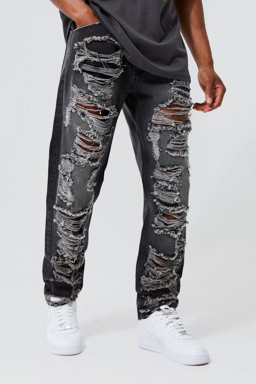Gerade Jeans mit extremen Rissen, Washed black image number 1