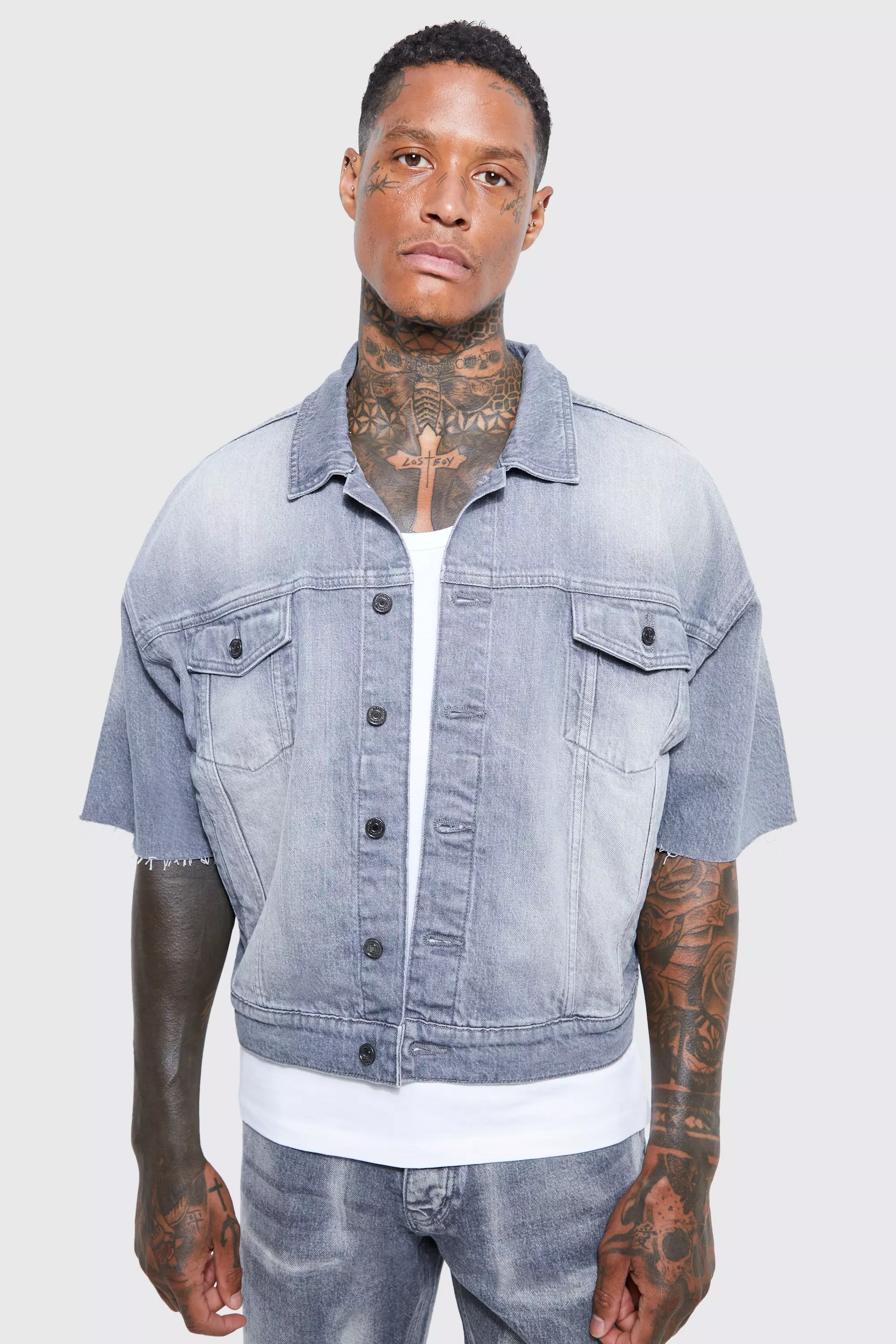 Blue jean jacket with grey outlet sleeves