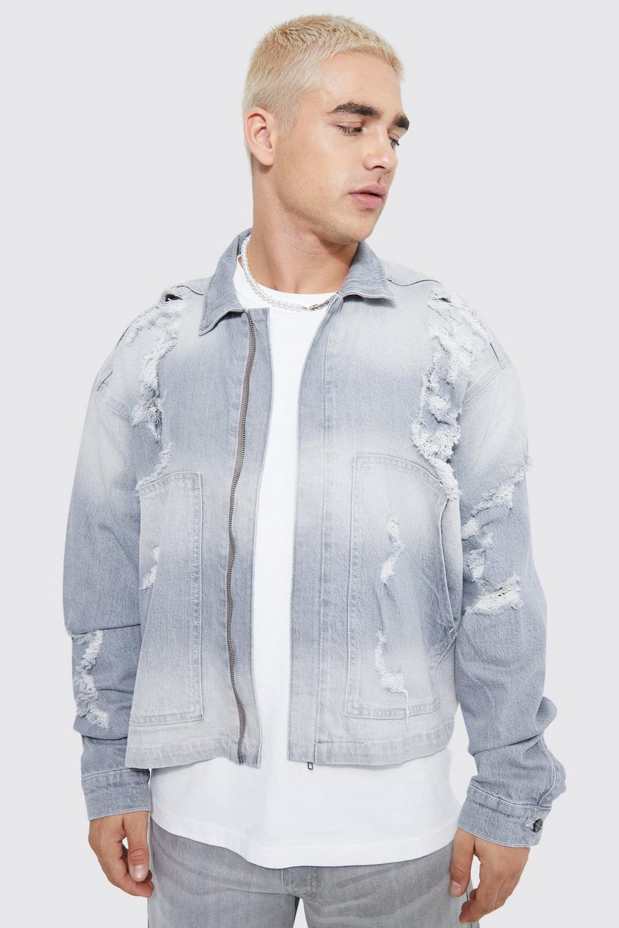 Ice grey Oversized Boxy Fit Distressed Denim Jacket