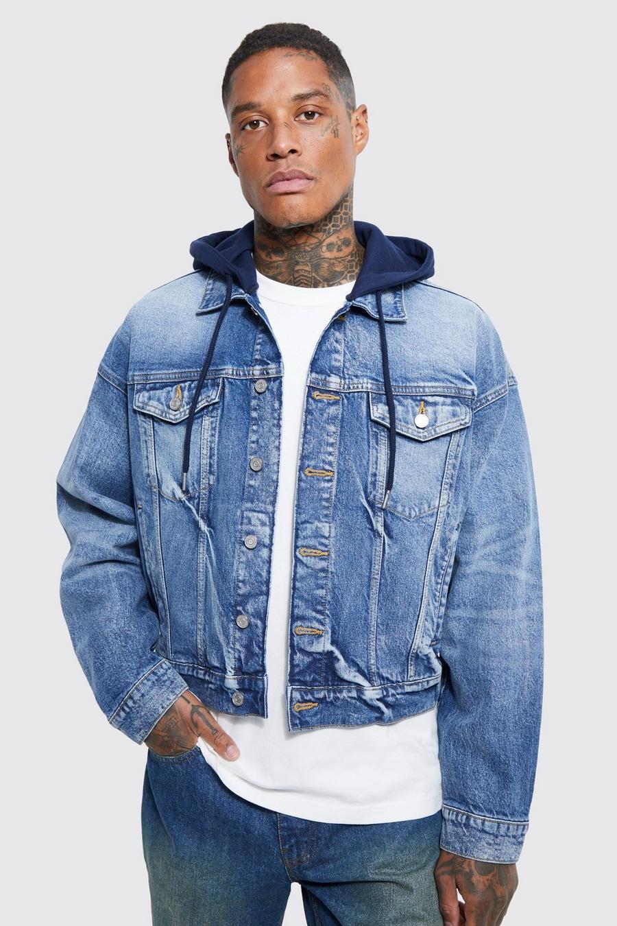 Mid blue blau Boxy Fit Denim Jacket With Jersey Hood