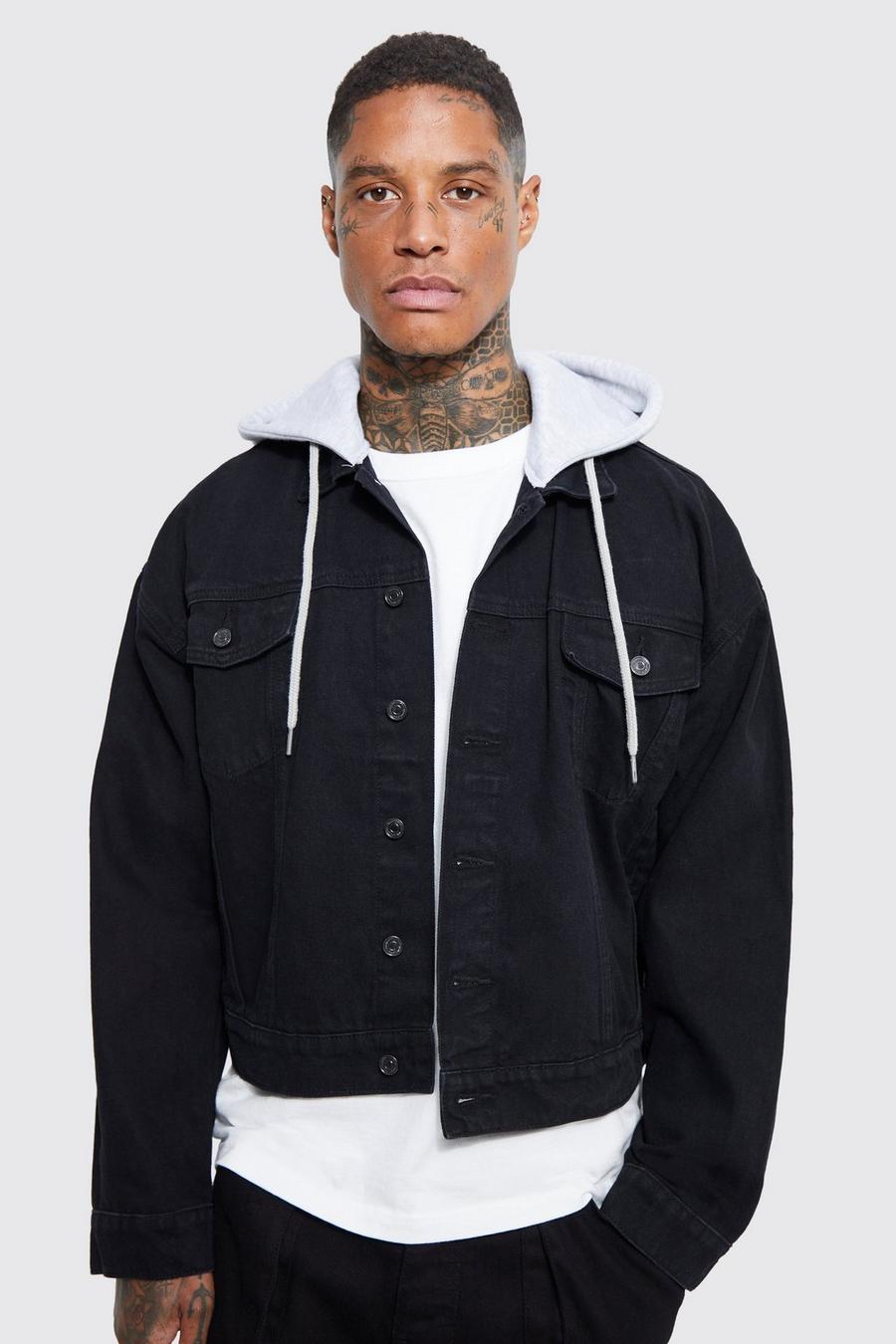 Black Boxy Fit Denim Jacket With Jersey Hood image number 1