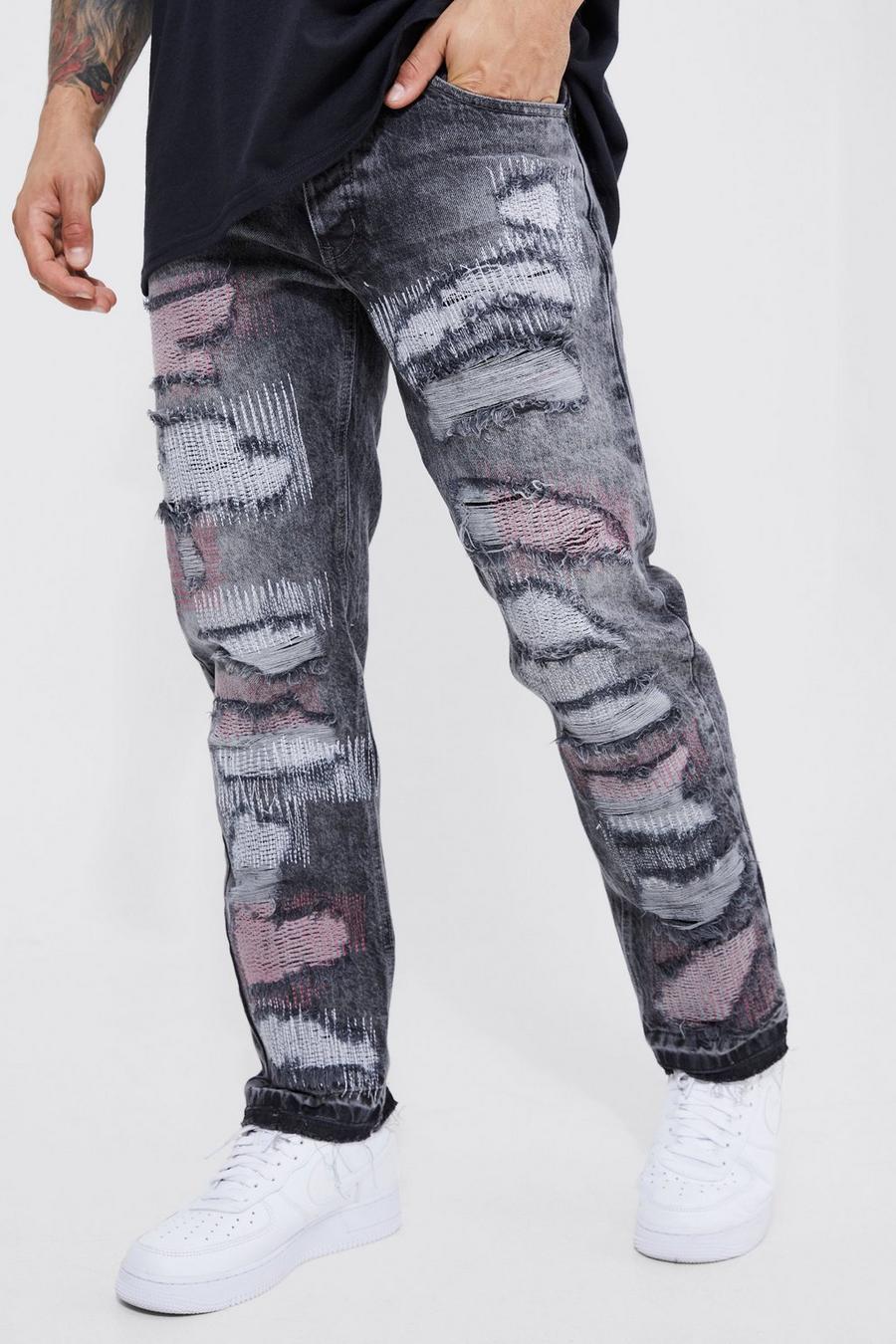 Dark grey grå Straight jeans med dekorativa sömmar image number 1