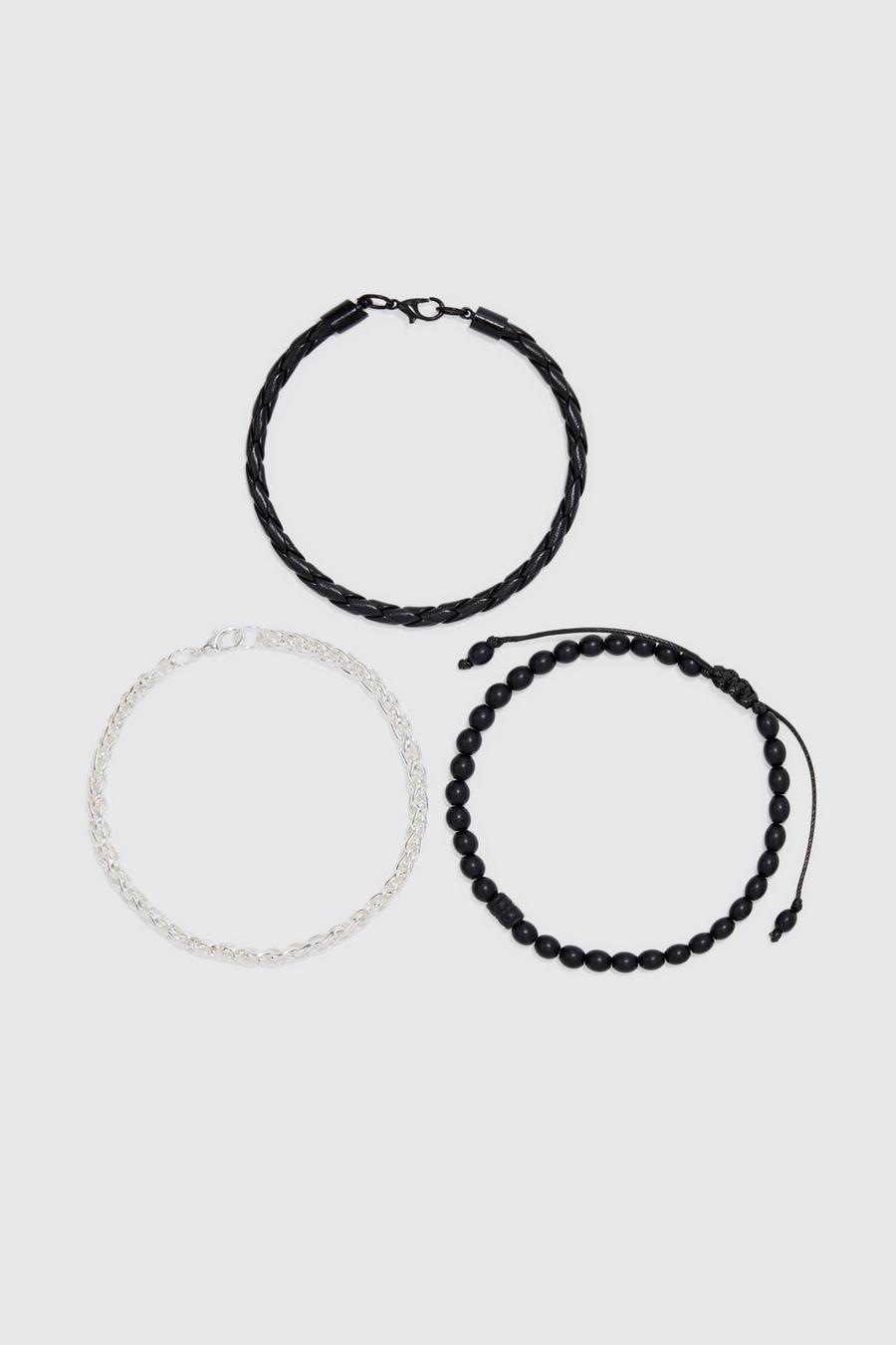 Lot de 3 bracelets chaîne et corde, Black noir