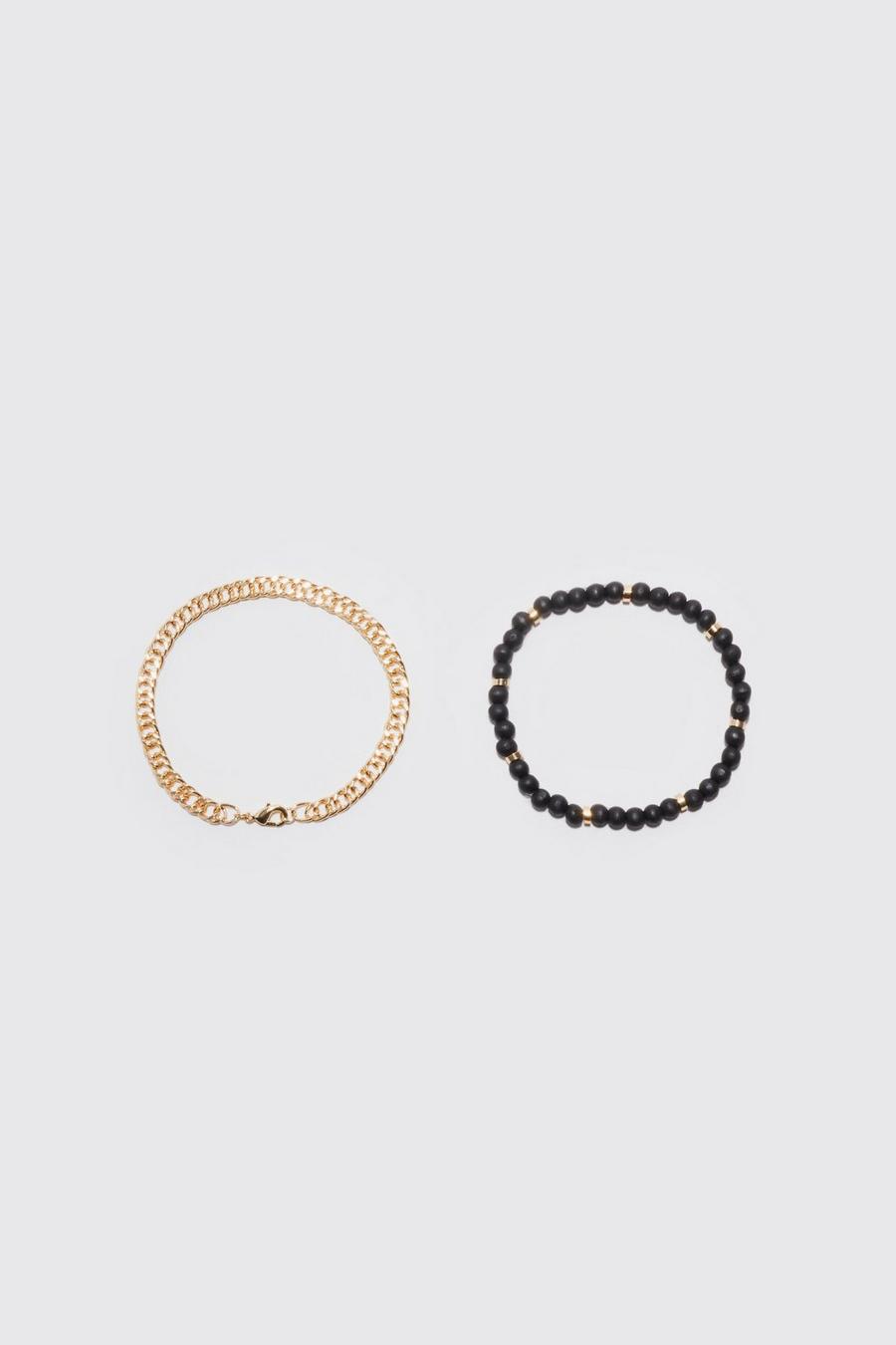 2 Pack Chain And Bead Bracelets, Gold metallizzato