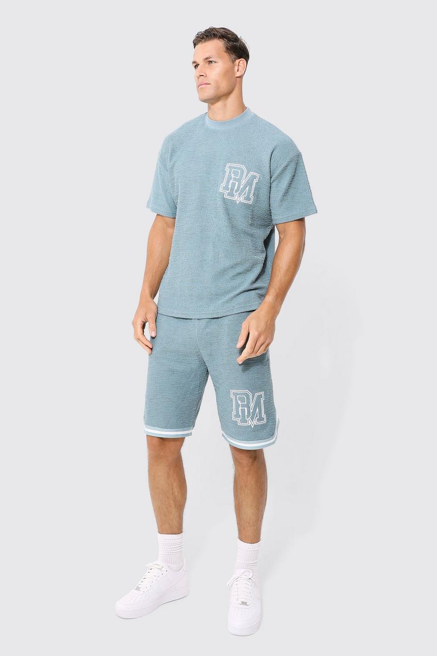 Conjunto Tall oversize de pantalón corto y camiseta texturizada con estampado BM, Light blue