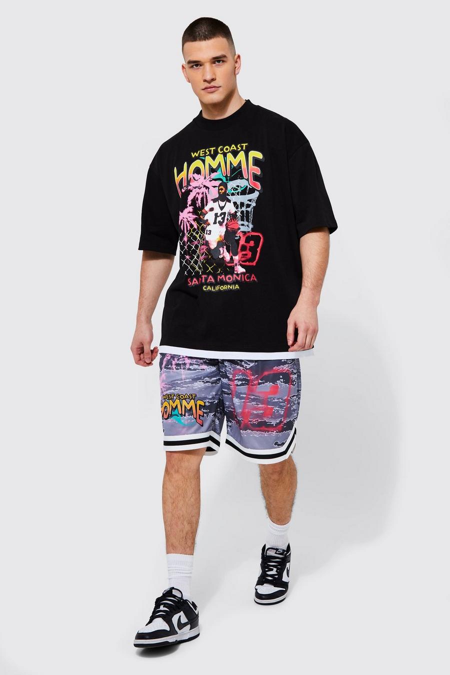 Black nero Tall Oversized Graphic T-shirt And Mesh Camo Short Set 