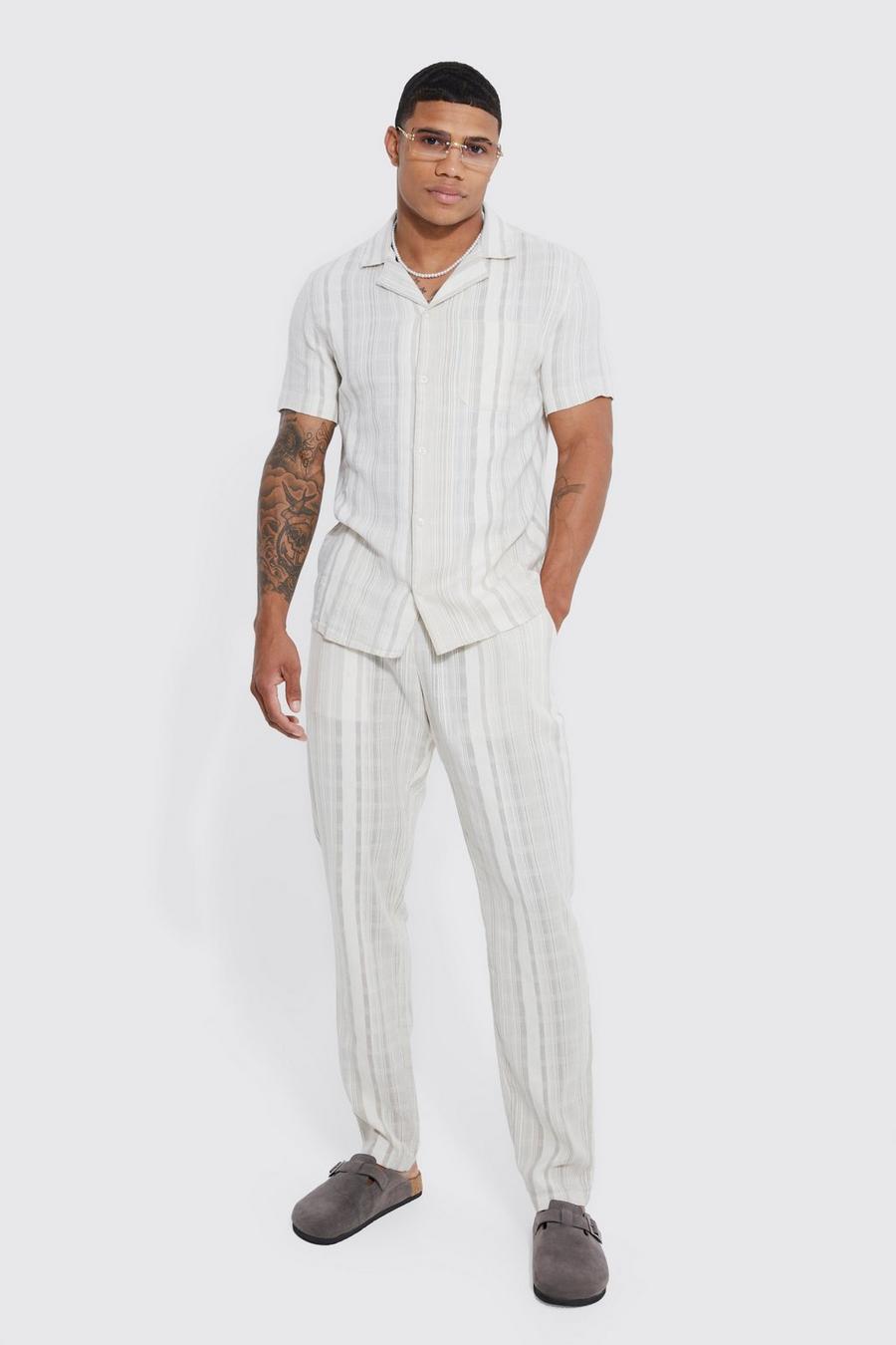 Stone Dobby Texture Stripe Splice Shirt And Trouser image number 1