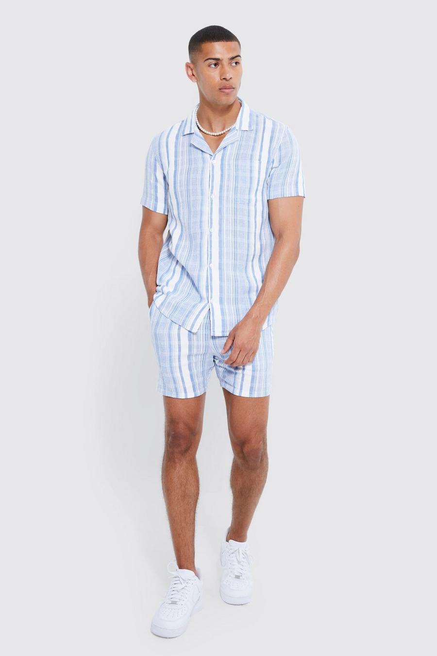 Pale blue Dobby Texture Stripe Splice Shirt And Short image number 1