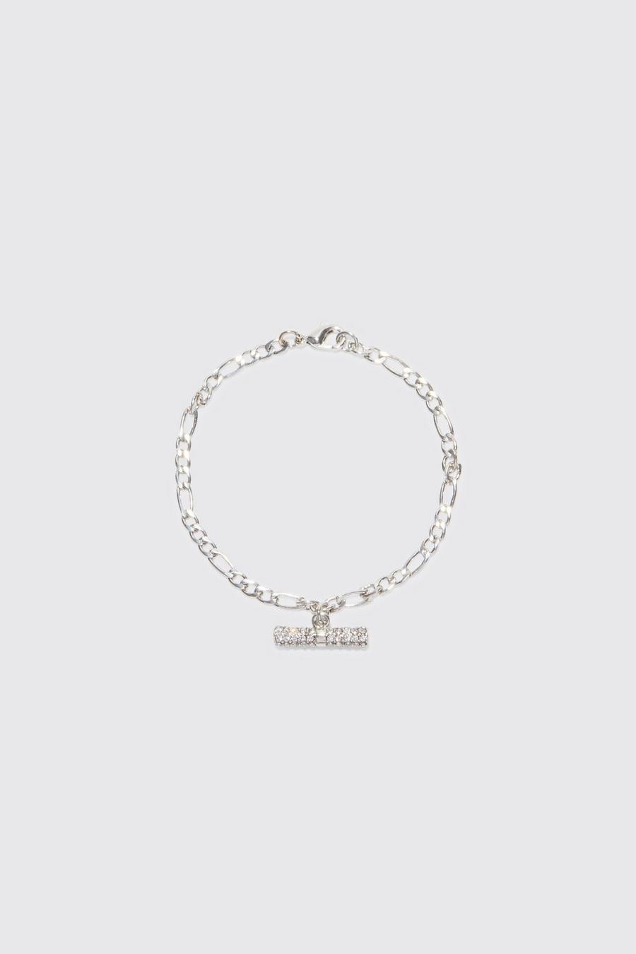 Silver Iced T Bar Figaro Chain Bracelet