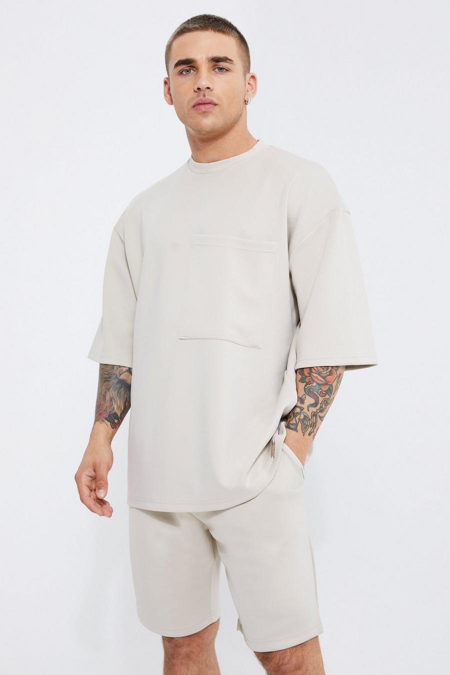 Oversize Scuba T-Shirt mit kurzen Ärmeln & Shorts, Stone image number 1