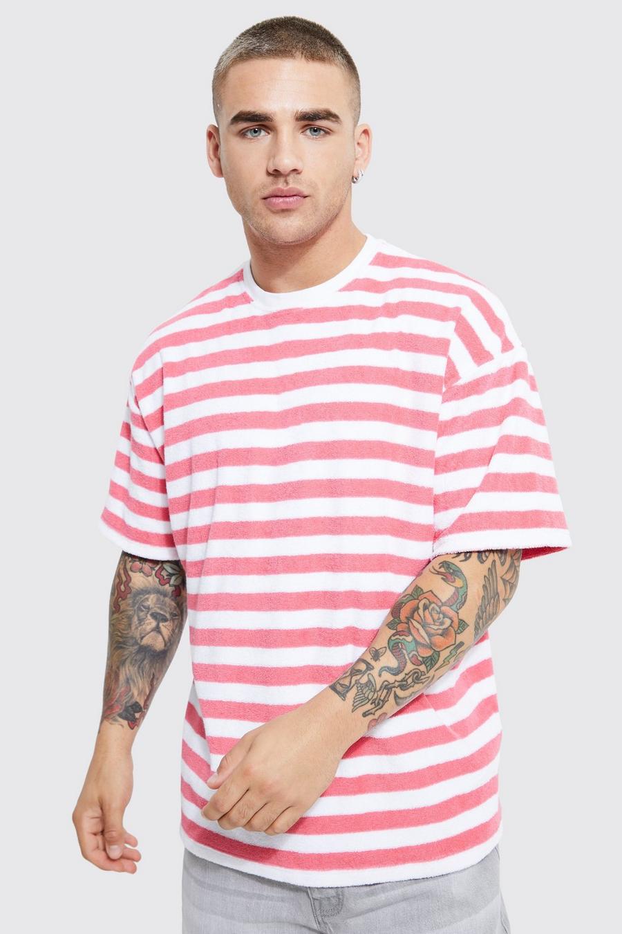 Pink Oversized Gestreept Badstoffen T-Shirt