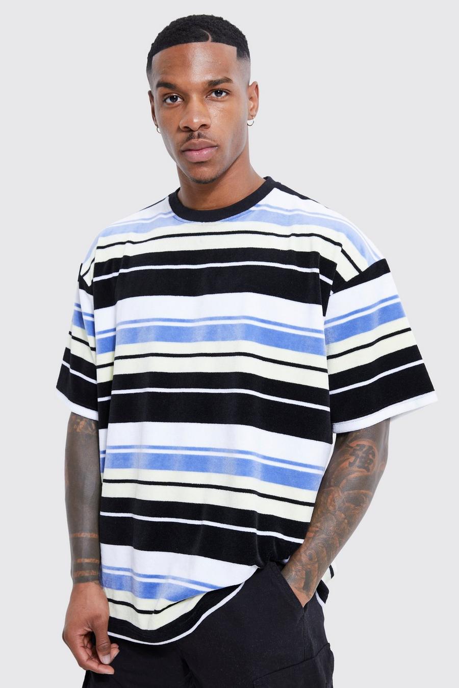 Black Oversized Velour Stripe T-shirt image number 1