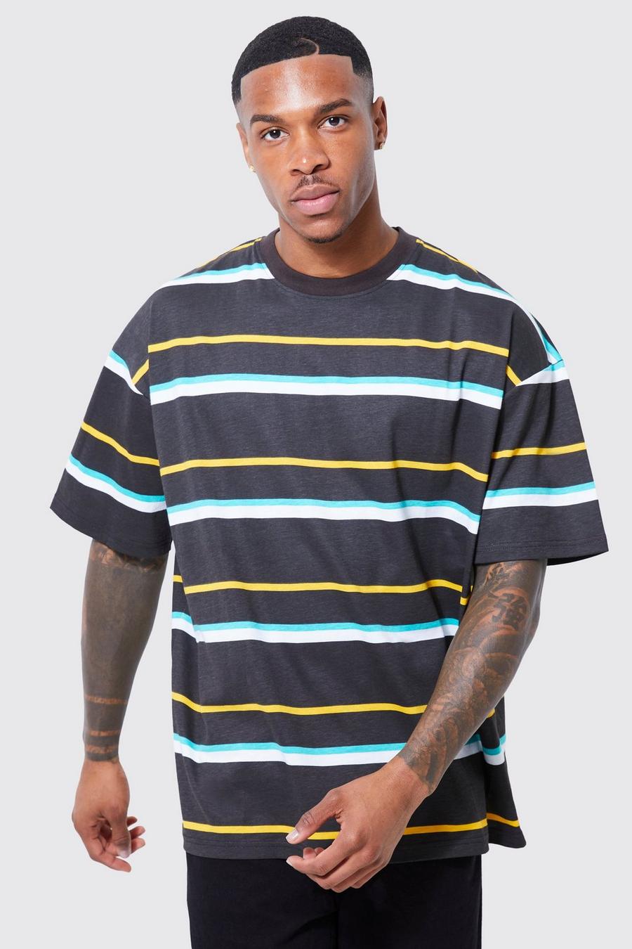 Camiseta oversize con firma MAN y rayas, Charcoal grigio