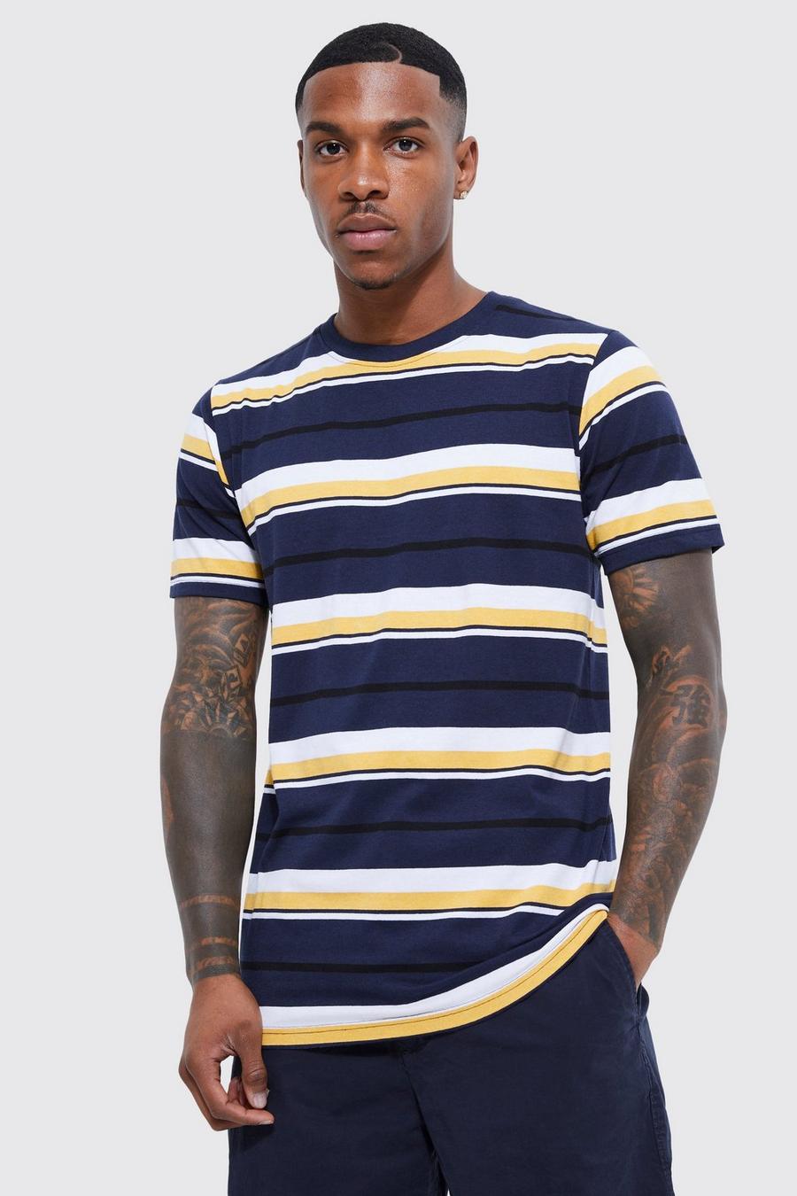 Navy marinblå Slim Fit Yarn Dyed Stripe T-shirt