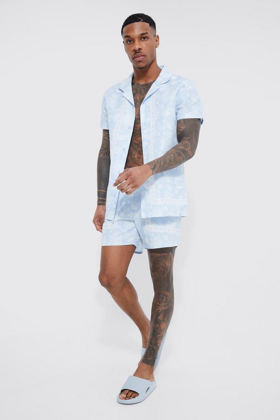 Pale blue Short Sleeve Plate Pattern Shirt And Swim Short image number 1