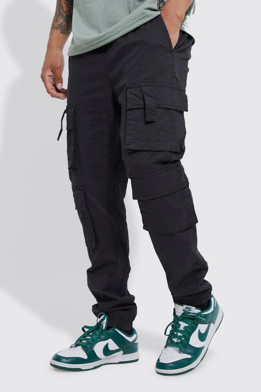 Pantalón deportivo ajustado con multibolsillos cargo y cintura elástica, Black