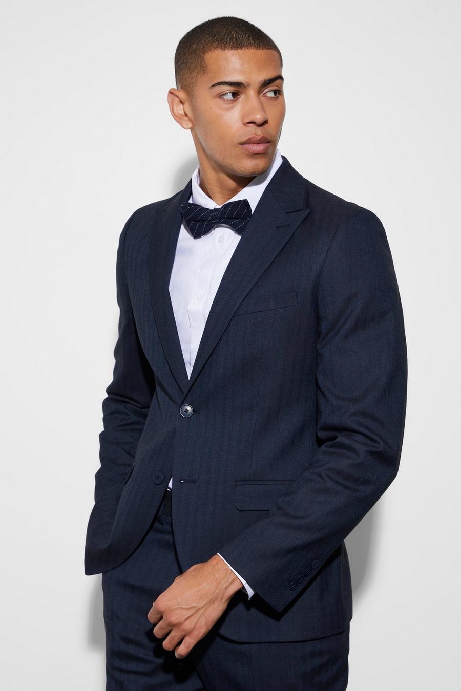 Dark navy blue Slim Single Breasted Herringbone Suit Jacket