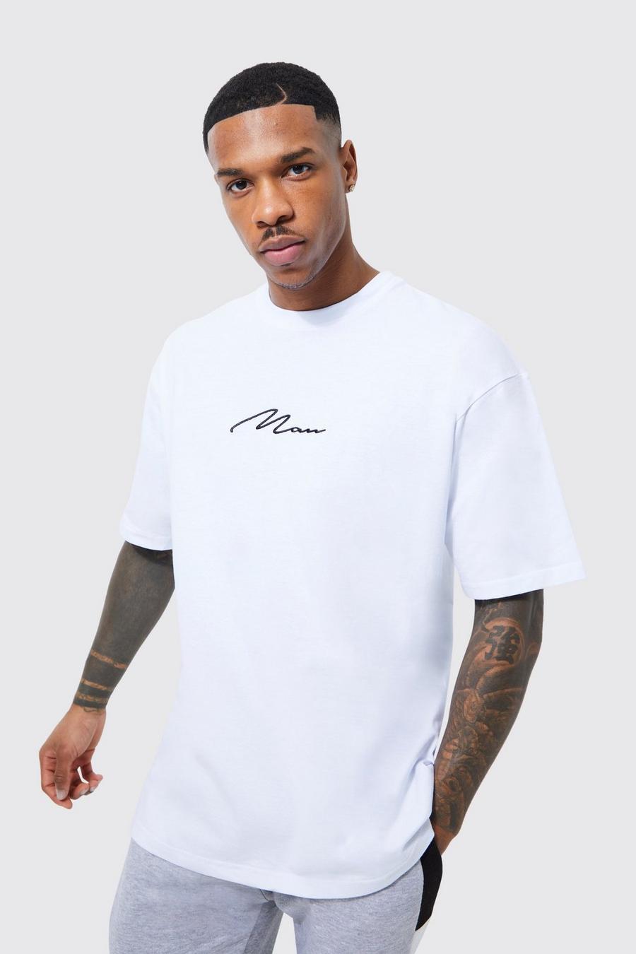 Man Signature Oversized Crew Neck T-shirt, White bianco