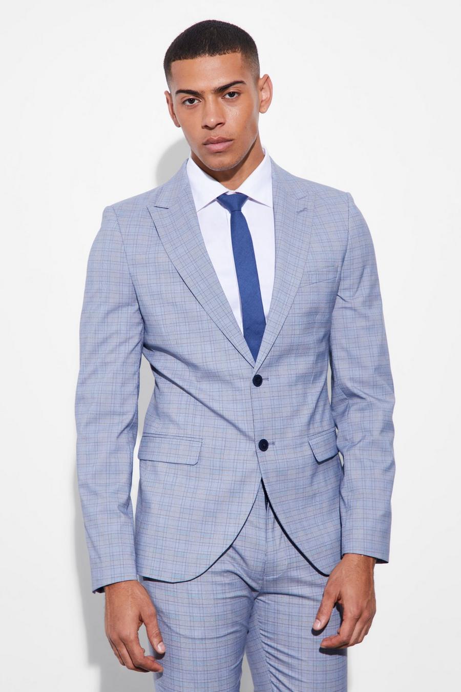 Blue Skinny Single Breasted Check Suit Jacket