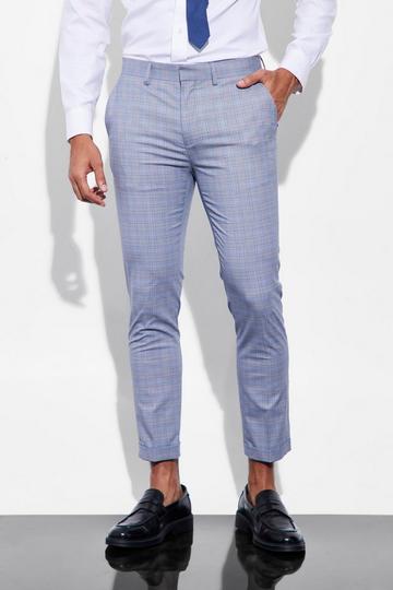 Blue Skinny Crop Turn Up Hem Flannel Suit Pants