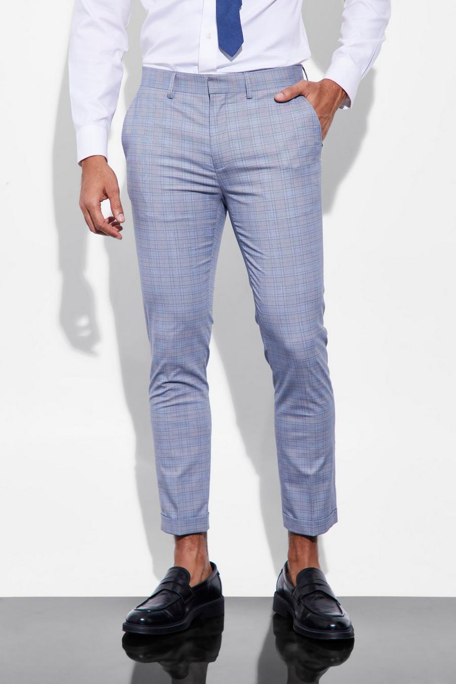 Blue Skinny Crop Turn Up Hem Check Suit Trousers image number 1