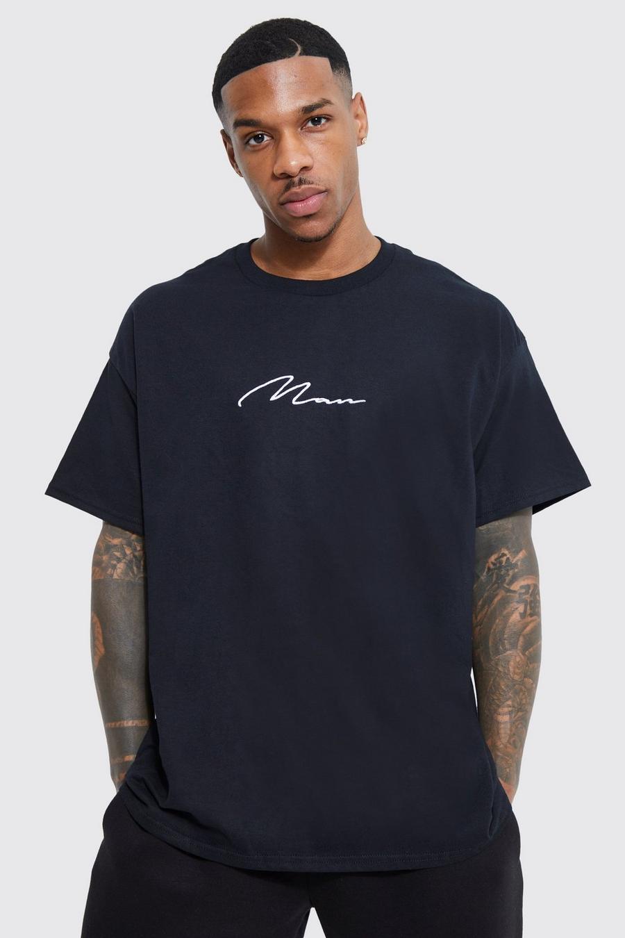 Black svart Man Signature Oversized Crew Neck T-shirt