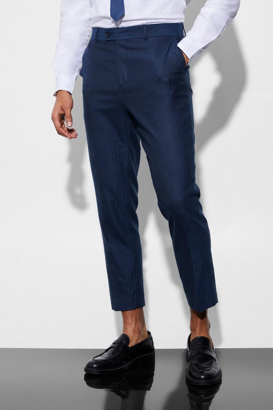 Navy Tapered Herringbone Suit Trousers image number 1