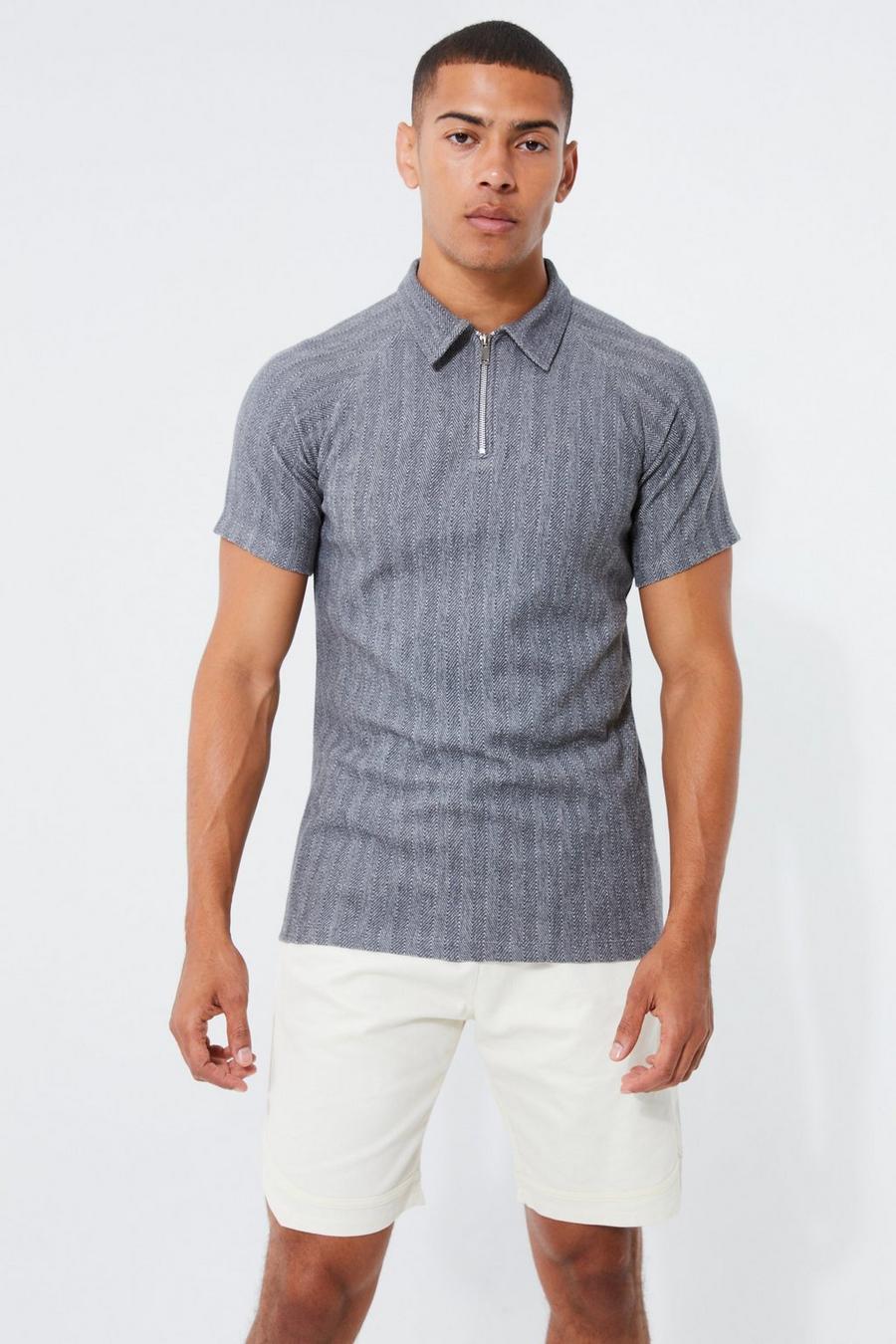 Slim-Fit Jacquard Raglan Poloshirt mit Reißverschluss, Charcoal gris