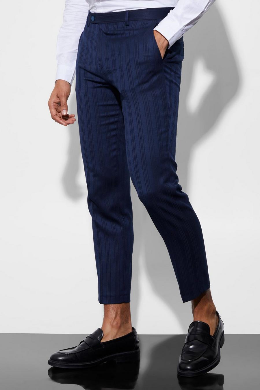 Navy Slim Crop Stripe Suit Trousers image number 1