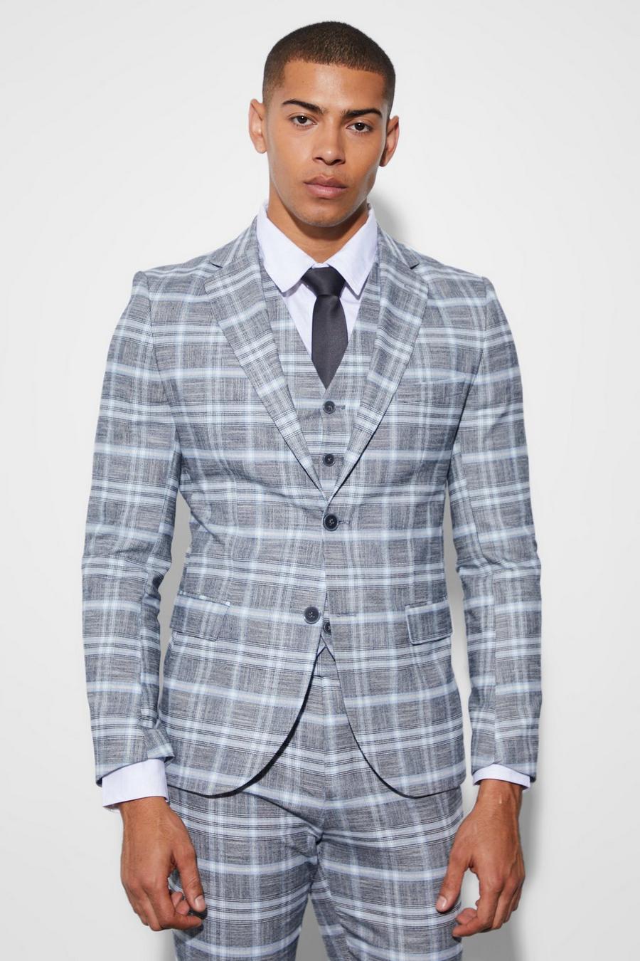 Chaqueta de traje súper ajustada con botonadura y estampado de cuadros, Light grey image number 1