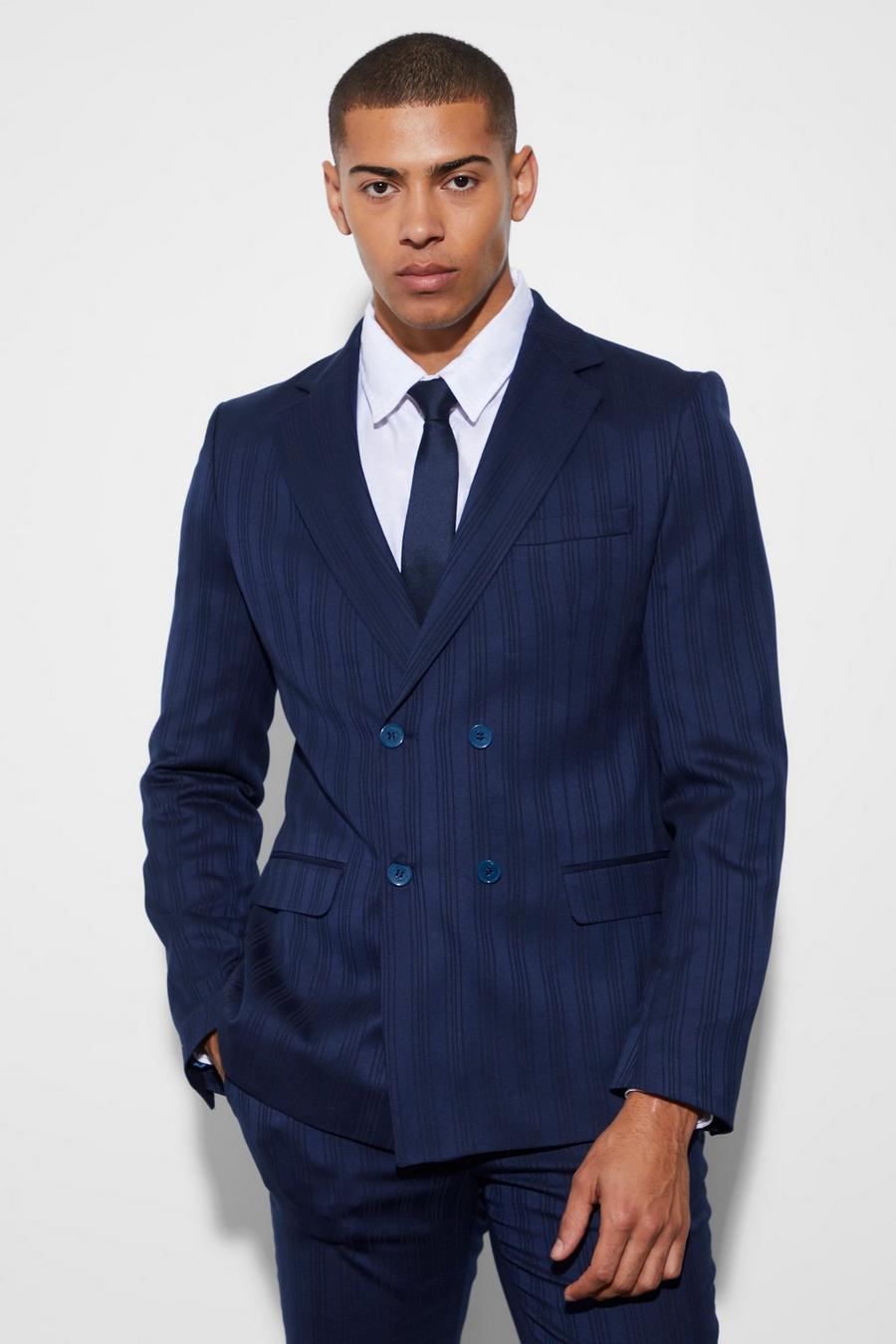 Navy Slim Double Breasted Stripe Suit Jacket image number 1