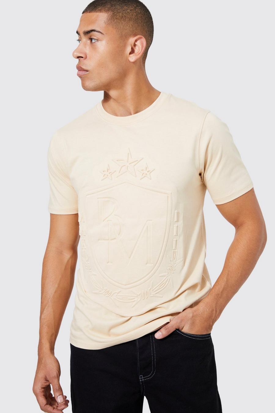 Sand beige Slim Fit Crest Embossed T-shirt