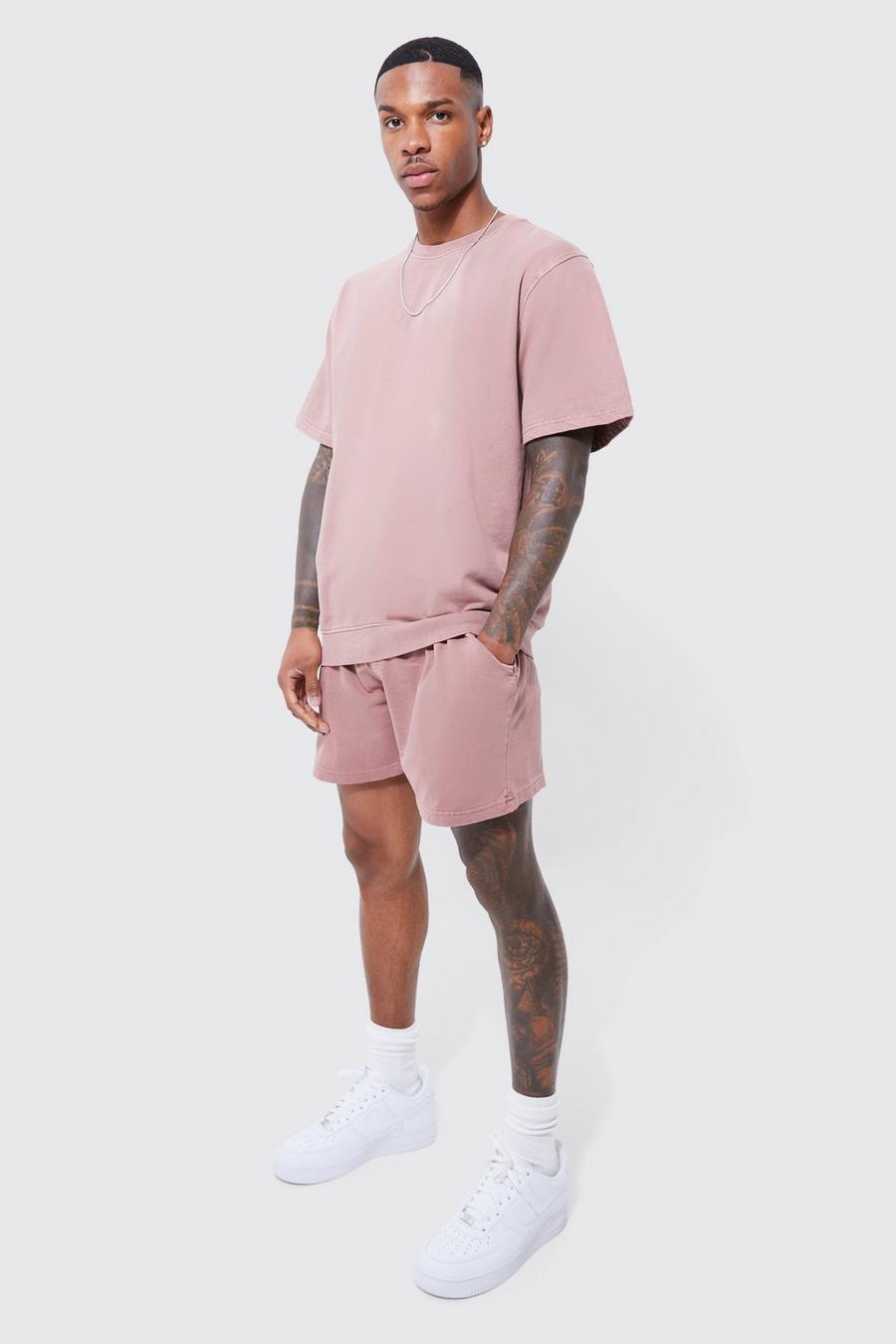 Mauve Relaxed Garment Dyed Short Sweat Tracksuit image number 1