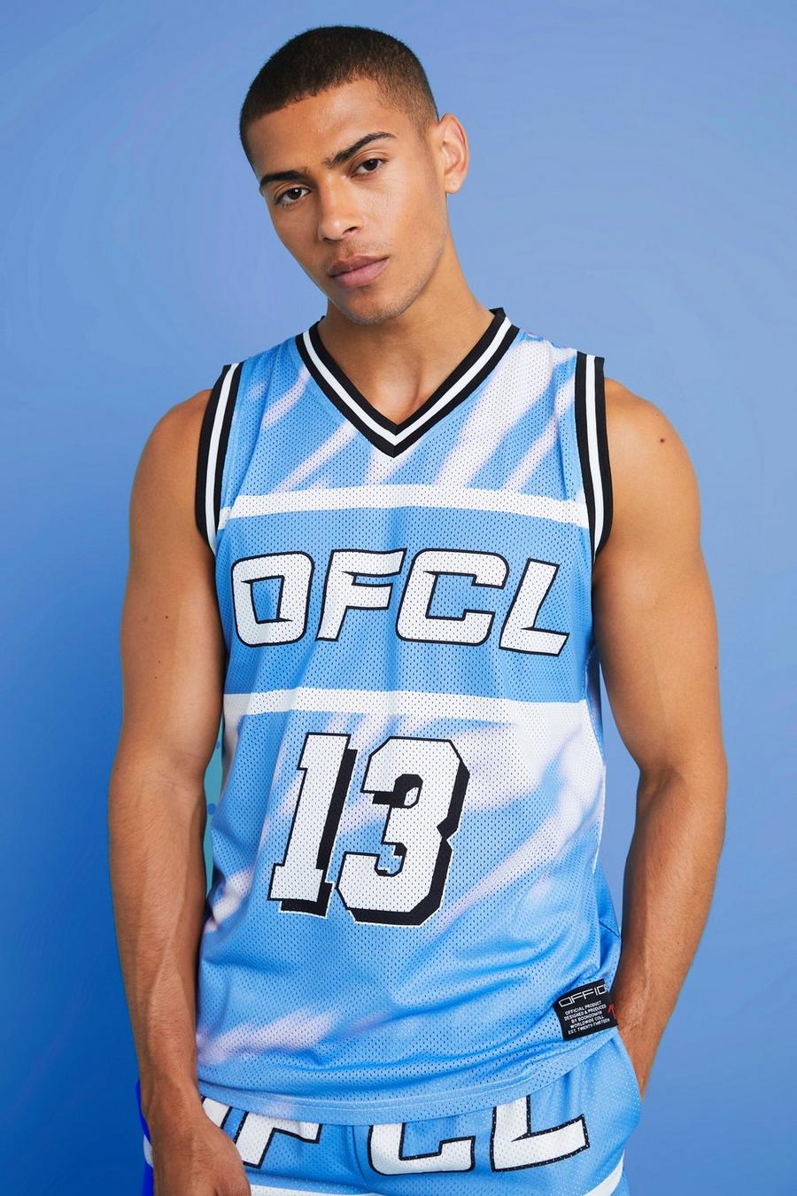 Top Ofcl sin mangas de malla estilo baloncesto con estampado de palmeras, Light blue azzurro