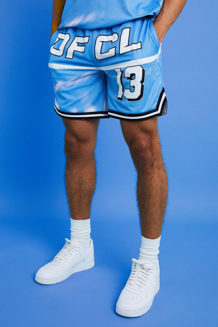 Pantalón corto de baloncesto Ofcl de malla con estampado de palmeras, Light blue azul