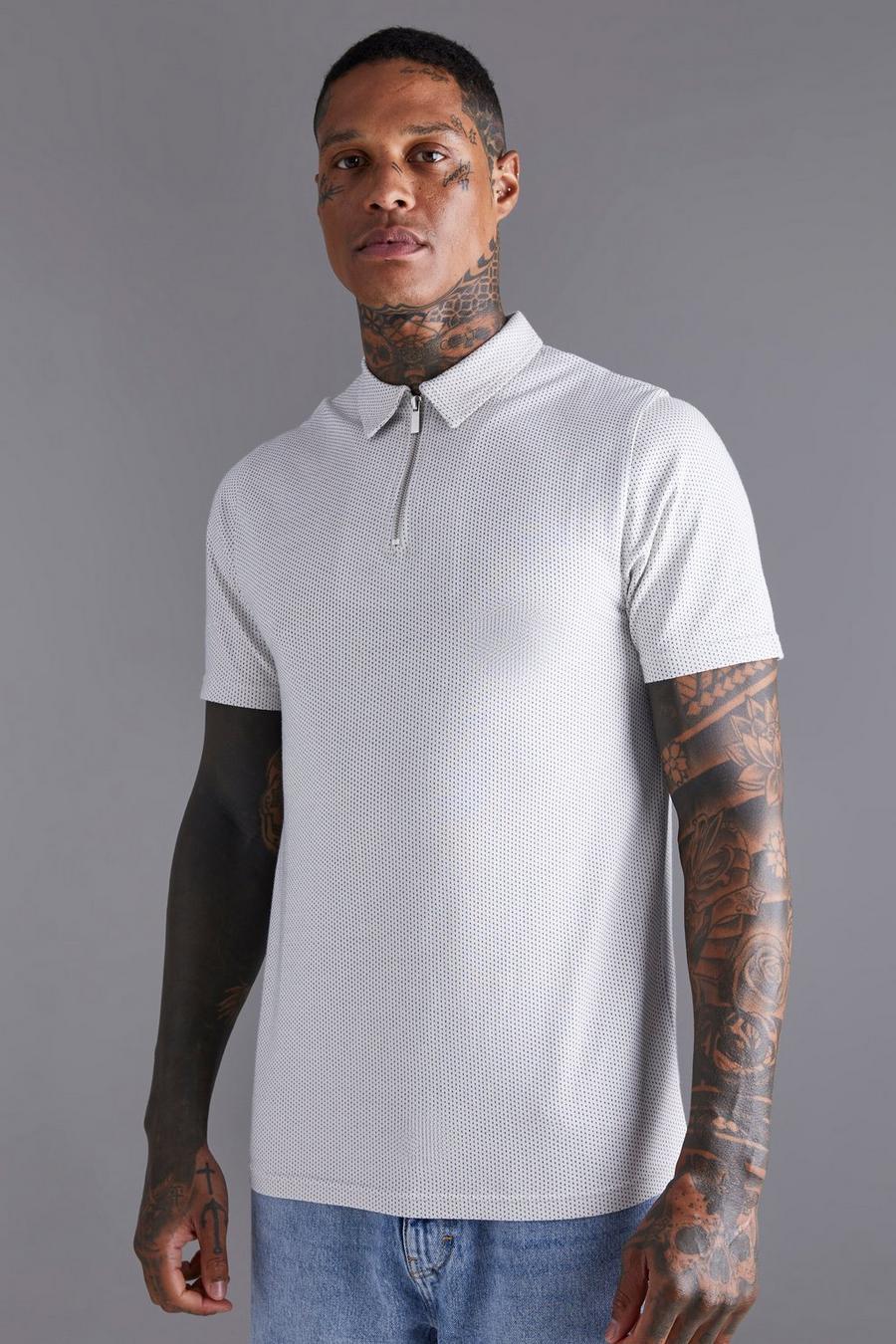 Slim-Fit Jacquard Poloshirt mit Reißverschluss-Kragen, Ecru blanc