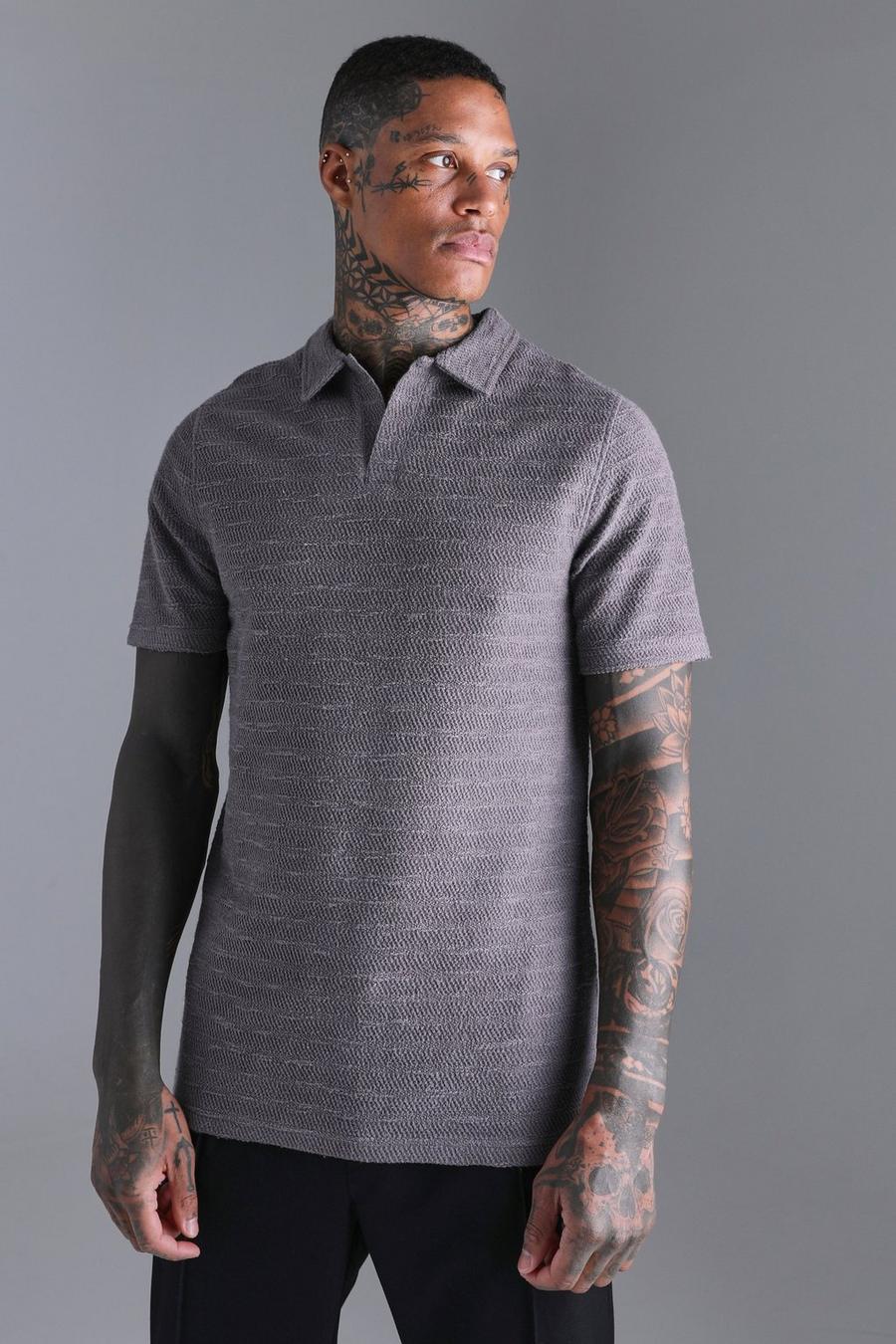 Charcoal grey Slim Fit Textured Jacquard Revere Polo