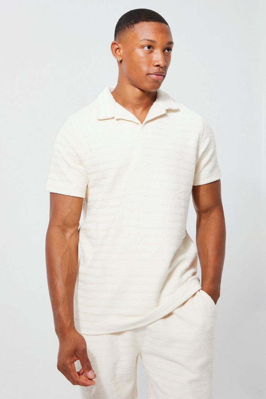 Strukturiertes Slim-Fit Jacquard Poloshirt, Ecru weiß