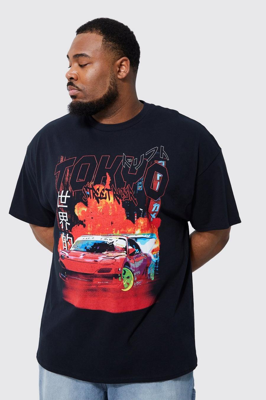 Black svart Plus Oversized Tokyo Car Flames T-shirt image number 1