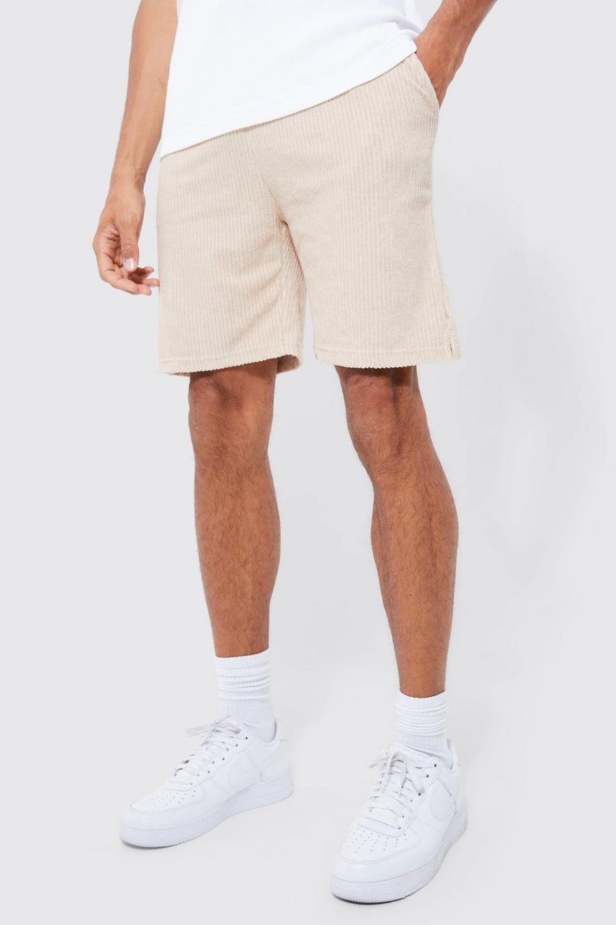 Stone beige Tall Loose Fit Ribbed Towelling Shorts image number 1