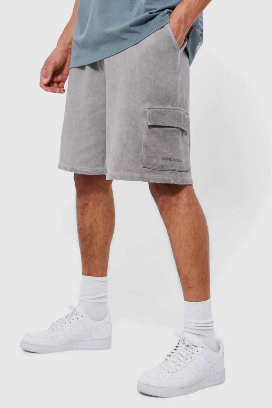 Grey Tall Short Length Oversized Washed Cargo Shorts