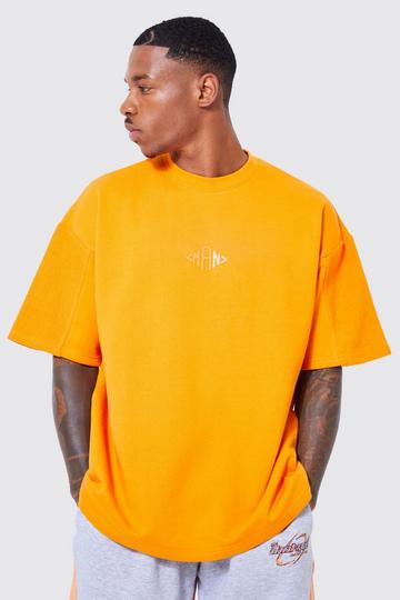 Orange Oversized Silicone Print Paneled T-Shirt