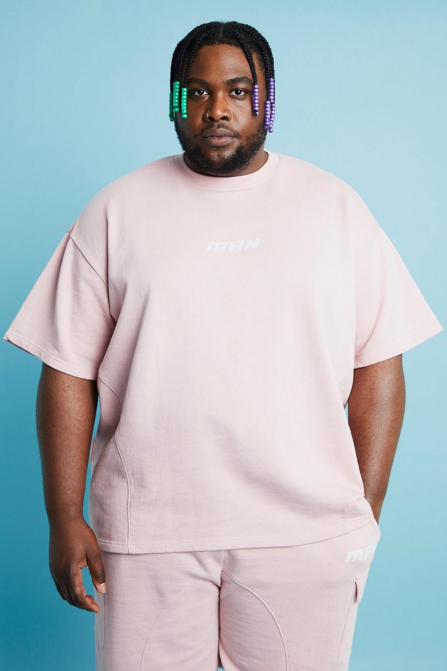 T-shirt Plus Size oversize con pannelli Man a effetto velluto, Pink image number 1